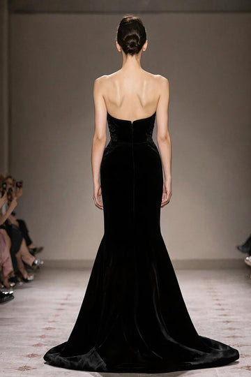 Sparkly Strapless Black Mermaid Velvet Evening Dress